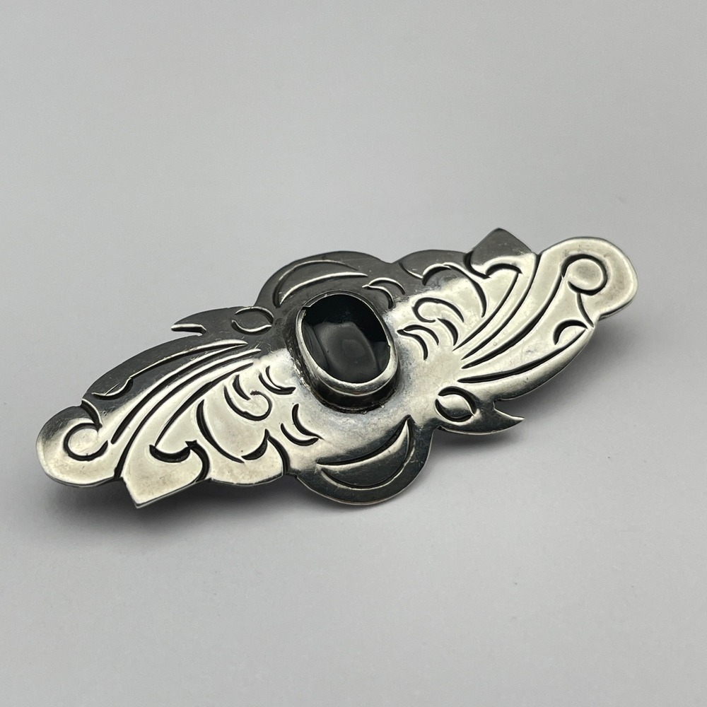 Vintage Mexican Sterling Silver‎ Black Onyx Pin Brooch Unisex Jewelry